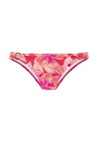 Ziedu bikini apakšdaļa rozā un oranžos toņos ar spīdīgu apdari, ar sānu gredzeniem un gludu, elastīgu jostas dizainu.