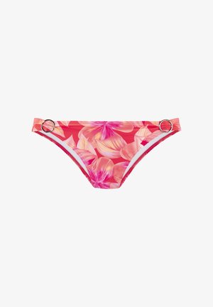 Cvečni bikini spodnji del v roza in oranžnih odtenkih z sijočim zaključkom, ki vsebuje stranske obroče in gladek, elastičen dizajn pasu.