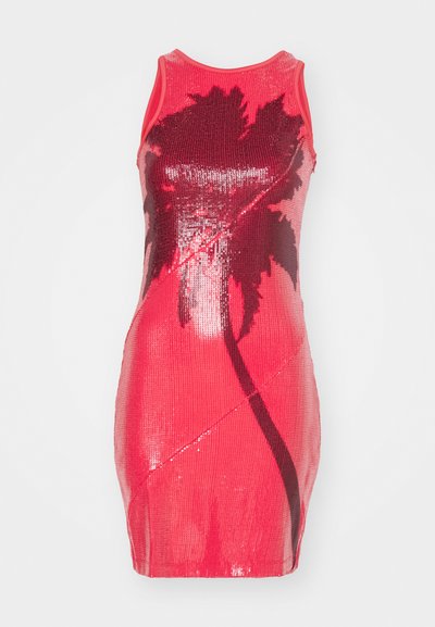 Στενό χωρίς μανίκια φόρεμα σε φωτεινό ροζ χρώμα με παγιέτες, με σχέδιο μαύρης παλμής. Λείο υλικό, κοντό μήκος και στρογγυλή λαιμόκοψη.