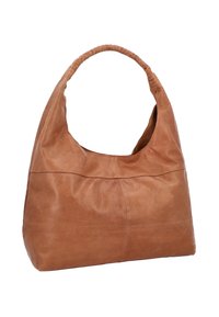 Brown leather shoulder bag with a braided strap, rounded shape, smooth texture, and a seam detail across the front.