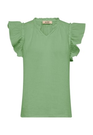 Blouse sans manches vert clair avec manches bouffantes à volants et petite ouverture en V, avec une étiquette Mos Mosh à l'intérieur du col.
