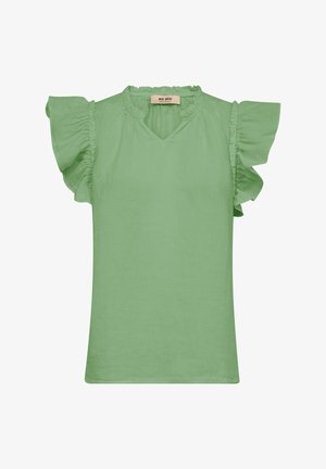 Light green sleeveless blouse with ruffled puff sleeves and a small V-neck opening, featuring a Mos Mosh label inside the collar.