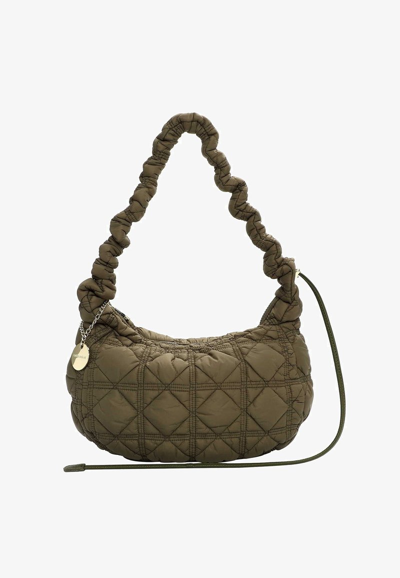 Olive green quilted handbag with a twisted handle, featuring a decorative chain and an adjustable strap. Soft, puffy texture with diamond pattern.
