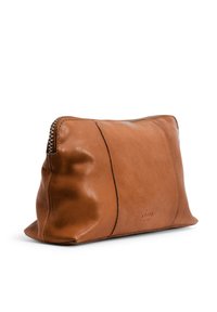 Brown leather pouch with a soft, textured finish, featuring a zip closure and a rectangular shape. Simple branding at the base.
