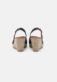 Dark blue suede wedge sandals with a textured beige jute heel. Features a brown leather ankle strap with a gold buckle detail.