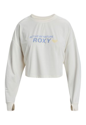 Krémová, dlouhá mikina s krátkým střihem a kulatým výstřihem, na které je v modré a žluté barvě vytištěno "ACTIVE BY NATURE" a "ROXY".