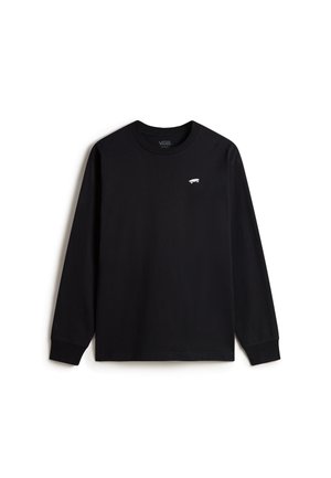 Camiseta de manga larga negra con cuello redondo, hecha de algodón. Presenta un pequeño gráfico de un patín en la parte izquierda del pecho.