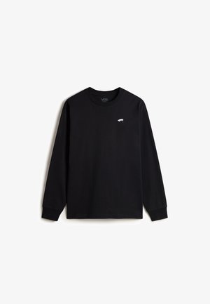 T-shirt noir à manches longues avec col rond, fabriqué en coton. Présente un petit graphique de skateboard blanc sur la zone gauche de la poitrine.