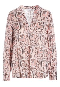 Blusa stampata in morbido tessuto, con scollatura a V, maniche lunghe e un motivo di forme ondeggianti nei colori pesco, marrone e bianco.