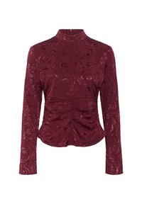 Burgundská halenka s dlouhým rukávem vyrobená z texturované látky, zdobená růžovým vzorem a nabíraným detailem v pase pro fitted siluetu.