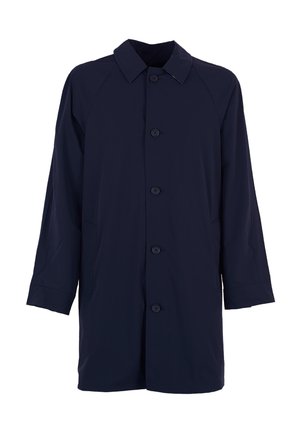 Marineblaue Jacke, leichtes Material, Knopfschluss, lange Ärmel mit Raglan-Design, Seitentaschen und gerader Schnitt.