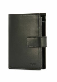 Czarny skórzany portfel o gładkiej fakturze, z prostym wzorem, zapięciem na zatrzask i subtelnie wytłoczonym logo na przedniej części.