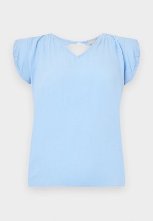 Haut bleu clair à manches courtes avec un décolleté en V et un détail de découpe au dos. Fabriqué en tissu texturé avec des manches légèrement bouffantes. Coupe régulière.
