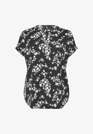 Zwarte blouse met korte mouwen en witte bloemenprint, ronde halslijn met een lichte V-uitsnijding en een losse fit.