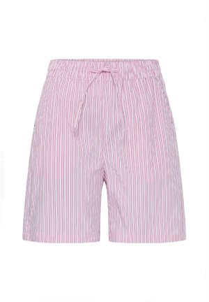Κατακόρυφα ριγέ ροζ και άσπρο σορτς με ελαστική μέση και κορδόνι για δέσιμο μπροστά.