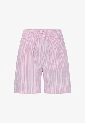 Rosa og hvite vertikale stripete shorts med elastisk midje og snorbinding foran.