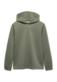 Sweat à capuche vert olive en tissu doux, doté d'une capuche à cordon, de manches longues avec poignets élastiques et d'une coupe décontractée.