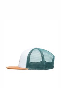 Trucker-Mütze mit einer weißen Vorderseite, teal-farbigem Mesh-Rücken und einem orangefarbenen Schirm. Sie hat einen gebogenen Schirm und eine verstellbare Snapback-Verschluss.