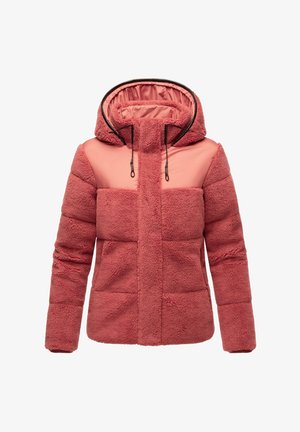 Fleece-lined hooded jacket in coral-pink with a smooth pink panel on the upper front, featuring a front zipper and adjustable drawstring.