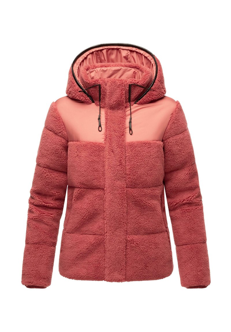 Giacca con cappuccio foderata in pile di colore corallo-rosa, con un pannello rosa liscio sulla parte superiore anteriore, dotata di zip frontale e cordoncino regolabile.