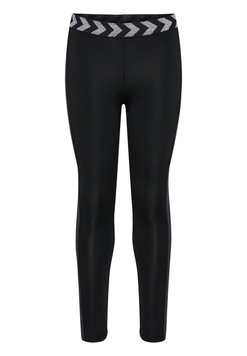 Svarta leggings gjorda av stretchigt material med en åtsittande design. Har en midja med chevronmönster i silver och texturerade sidor.