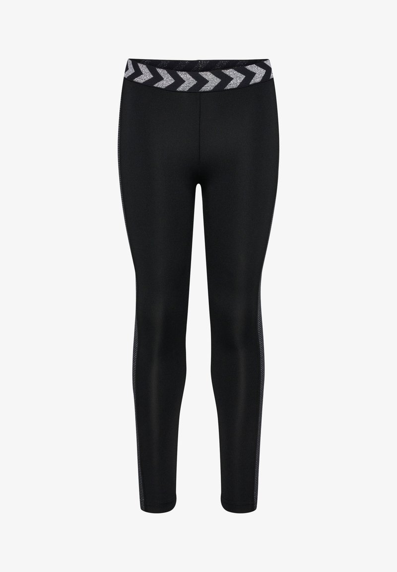 Svarta leggings gjorda av stretchigt material med en åtsittande design. Har en midja med chevronmönster i silver och texturerade sidor.