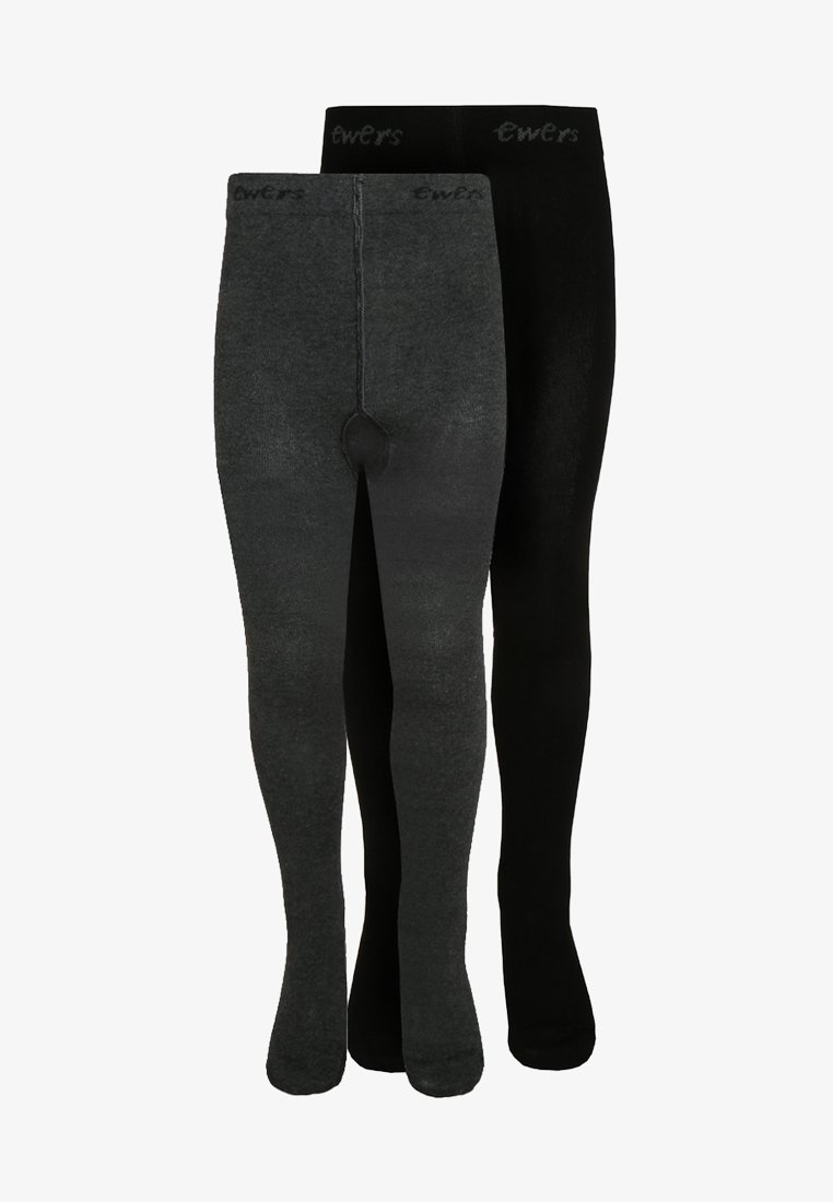 Black and dark gray tights in a soft, opaque fabric with a smooth texture. Features a waistband with logo detail at the top.