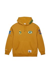 Felpa gialla in cotone con tasca frontale, cappuccio con cordino e vari logo ricamati sul petto e sulle maniche.