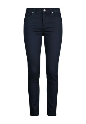 Jeans slim fit blu navy scuro con tasche frontali, passanti per cintura e chiusura con bottone in metallo.