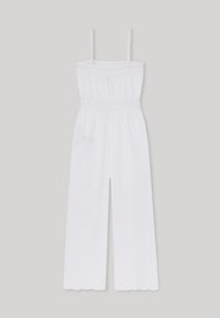 Bílý overal s tenkými ramínky, nařasenou bříškem, širokými nohavicemi a vlnitými lemy. Vyrobený z lehké, prodyšné tkaniny.