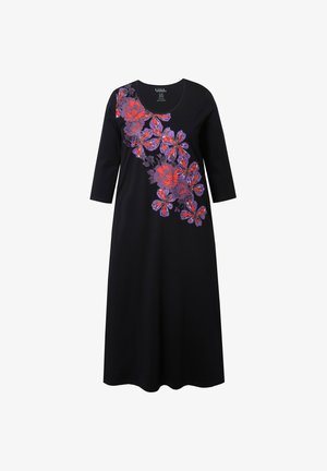 Black dress with a round neckline and three-quarter sleeves, featuring colorful floral patterns in red, purple, and blue on one side.