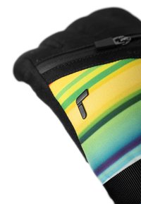 Glove featuring a black textile base with a bright, multicolored striped pattern in yellow, green, and blue, and a small black logo accent.