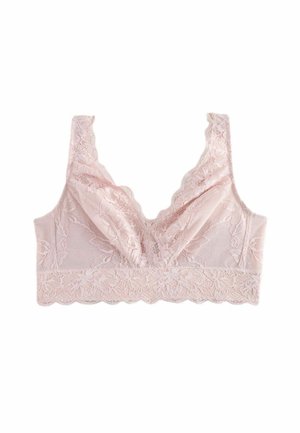 Roze kanten bralette met golvende randen, versierd met bloemenpatronen en een zachte, gestructureerde uitstraling. Verstelbare bandjes voor een goede pasvorm.