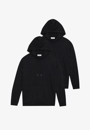 Black hoodies with drawstrings, long sleeves, and front pockets. Soft fabric, relaxed fit. Two pieces displayed, same design and color.