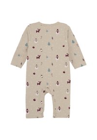 Langærmet beige body med et julesæson-tema print af rensdyr, snemænd og ornamenter i maroon og teal. Trykknaplukning i bunden.