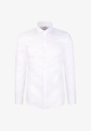 Biała męska koszula na długi rękaw z zapięciem na guziki z przodu, klasycznym kołnierzem i mankietami zapinanymi na guziki.