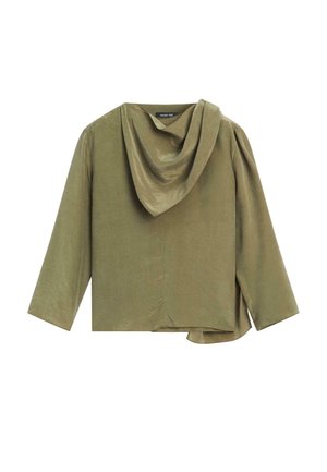 Maglione verde oliva a maniche lunghe con scollatura drappeggiata, vestibilità rilassata e texture liscia. Presenta una silhouette ampia e un orlo asimmetrico.