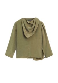 Haut à manches longues vert olive avec un col drapé, coupe décontractée et texture lisse. Présente une silhouette à coupe large et un ourlet asymétrique.