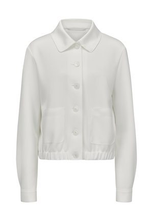 Weißer langärmeliger, knopfbarer Blazer mit Kragen, zwei Vordertaschen und elastischem Saum, vor einem einfarbigen Hintergrund dargestellt.