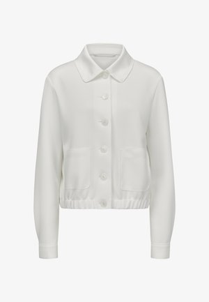 Weißer langärmeliger, knopfbarer Blazer mit Kragen, zwei Vordertaschen und elastischem Saum, vor einem einfarbigen Hintergrund dargestellt.