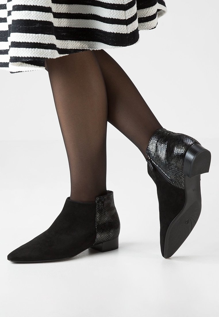 Jambes en collants noirs transparents portant des bottines noires avec l'avant en suède et l'arrière texturé effet peau de serpent, assorties à une jupe rayée noir et blanc.