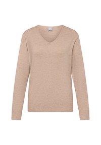 Beiger V-Ausschnitt-Pullover mit langen Ärmeln und geripptem Saum. Die Struktur wirkt weich und glatt, geeignet zum Schichten oder für lässige Trageweise.