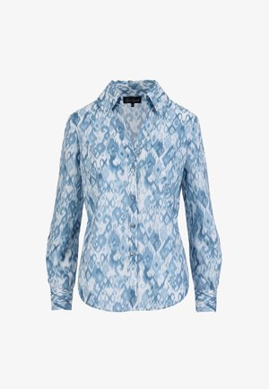 Gaiši zila pogājama krekls ar rakstu dažādās zilās toņos, garām piedurknēm un klasisku apkakli.