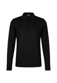 Czarny długi rękaw polo wykonany z miękkiego materiału, z połowicznym zamkiem błyskawicznym i klasycznym kołnierzykiem. Gładka tekstura i prosty design.