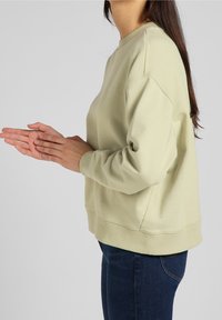 Sudadera verde claro con cuello redondo, puños y dobladillo acanalados. Textura de tela suave con diseño minimalista y sin patrones visibles.