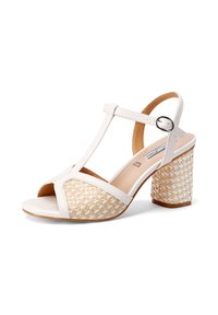 Sandali con tacco bianchi con un motivo intrecciato beige, con punta aperta, fascia a T con fibbia regolabile e tacco a blocco testurizzato.