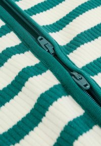 Green and white striped fabric with a textured ribbed design; features a central zipper with matching green zipper pull.