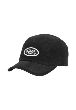 Casquette de baseball noire en velours côtelé avec une visière courbée et un patch logo Von Dutch blanc centré sur le panneau avant.