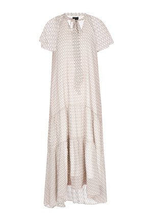 Maxikleid aus leicht beigem Stoff mit geometrischem Muster. Verfügt über kurze Ärmel, einen gebundenen Ausschnitt und einen schichtweisen Rüschensaum.