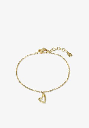 Bracelet délicat en chaîne d'or avec un pendentif cœur ouvert et un fermoir mousqueton, doté d'une extension réglable avec une petite étiquette carrée de marque.